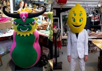 a man dressed as a lemon and a man dressed as a frog