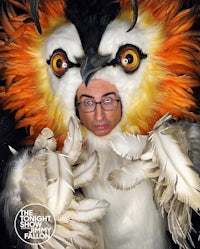 a man dressed as an owl is posing for a photo