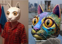 two pictures of a woman wearing a cat mask